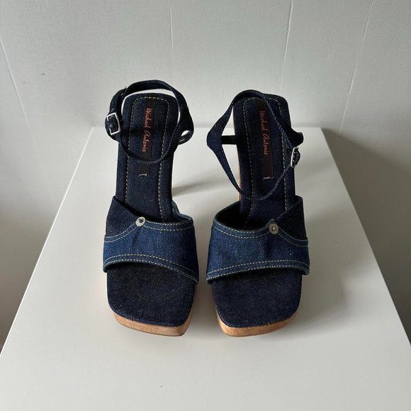 Vintage 90s Designer Platform Denim Heels - Picture 2 of 8